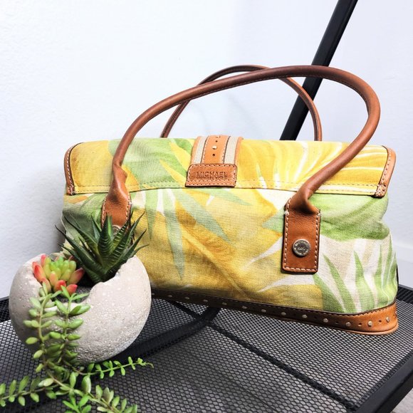 Michael Michael Kors Tropical Print Textile Brown Leather / Stud Adorned Bag - Picture 6 of 13
